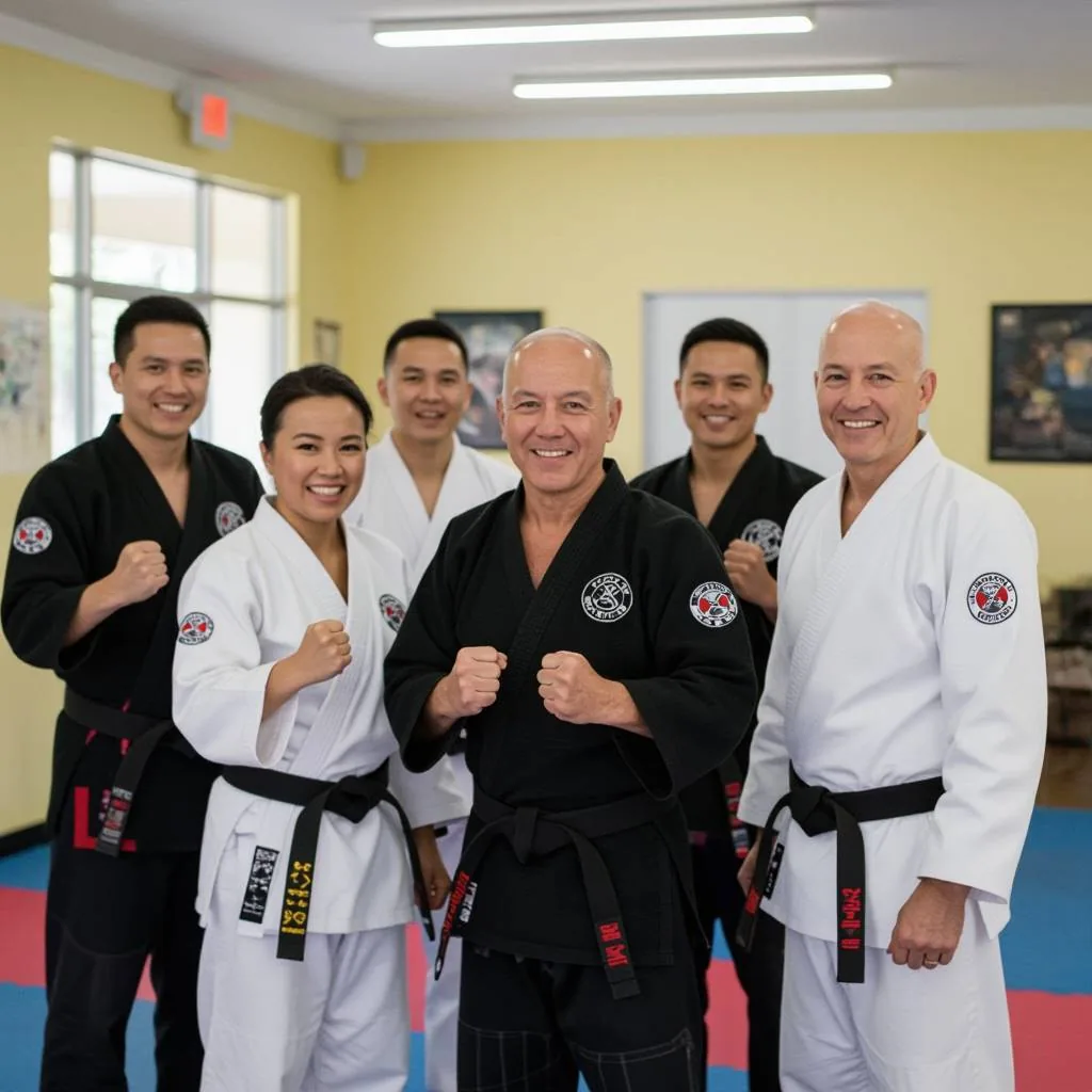 Smiling karate instructors in black and white gis pose with raised fists in a dojo with yellow walls and mats.