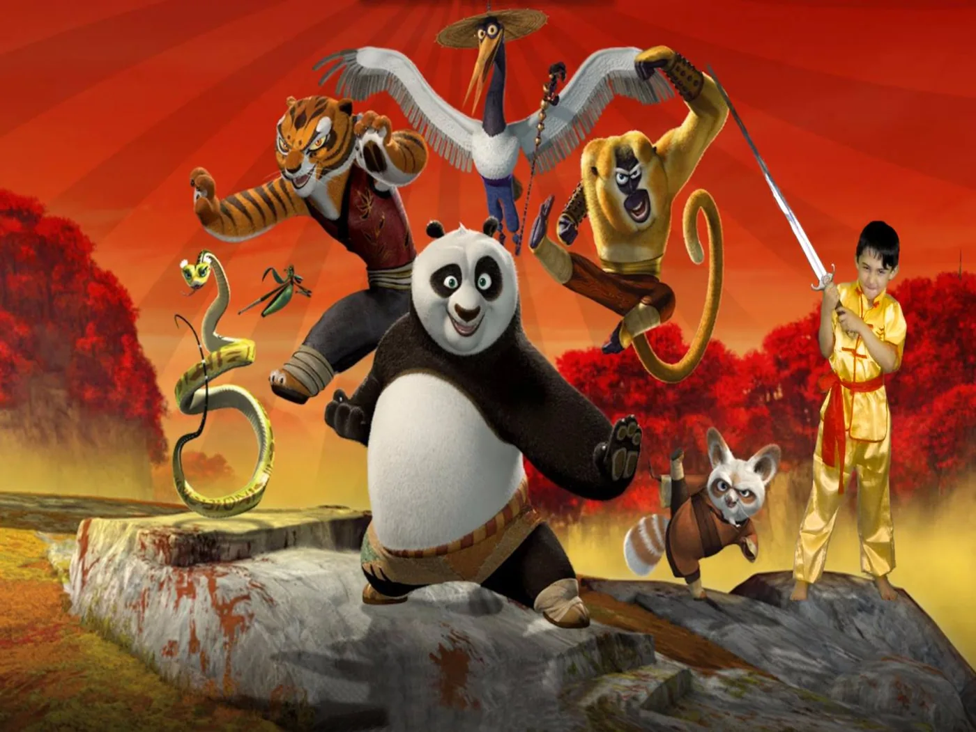 Animated Kung Fu Panda characters pose on a rocky ledge in a red-orange forest; a boy in gold holds a sword.