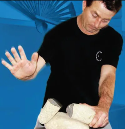Man in black shirt concentrates while breaking a stone block with his bare hands, against a blue background.