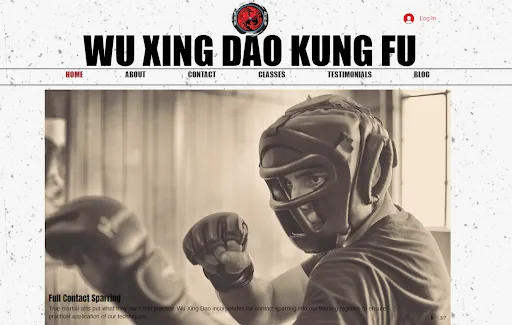 Wu Xing Dao Kung Fu website showing a helmeted sparring fighter in a sepia training photo, with menu links and Full Contact Sparring text