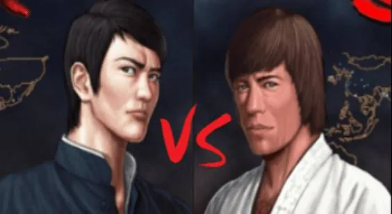 Illustrated face-off of two men in martial arts outfits against a dark background, with red VS between them.