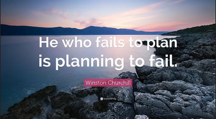 Rocky coastline at sunset with quote: He who fails to plan is planning to fail. Winston Churchill