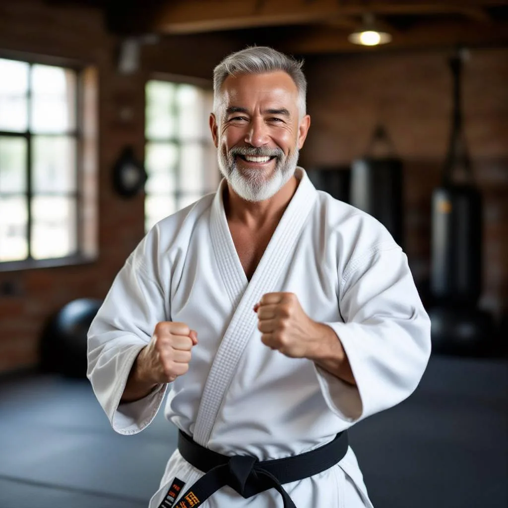 Smiling older man in a white karate gi with a black belt, fists raised in a dojo with brick walls and windows.