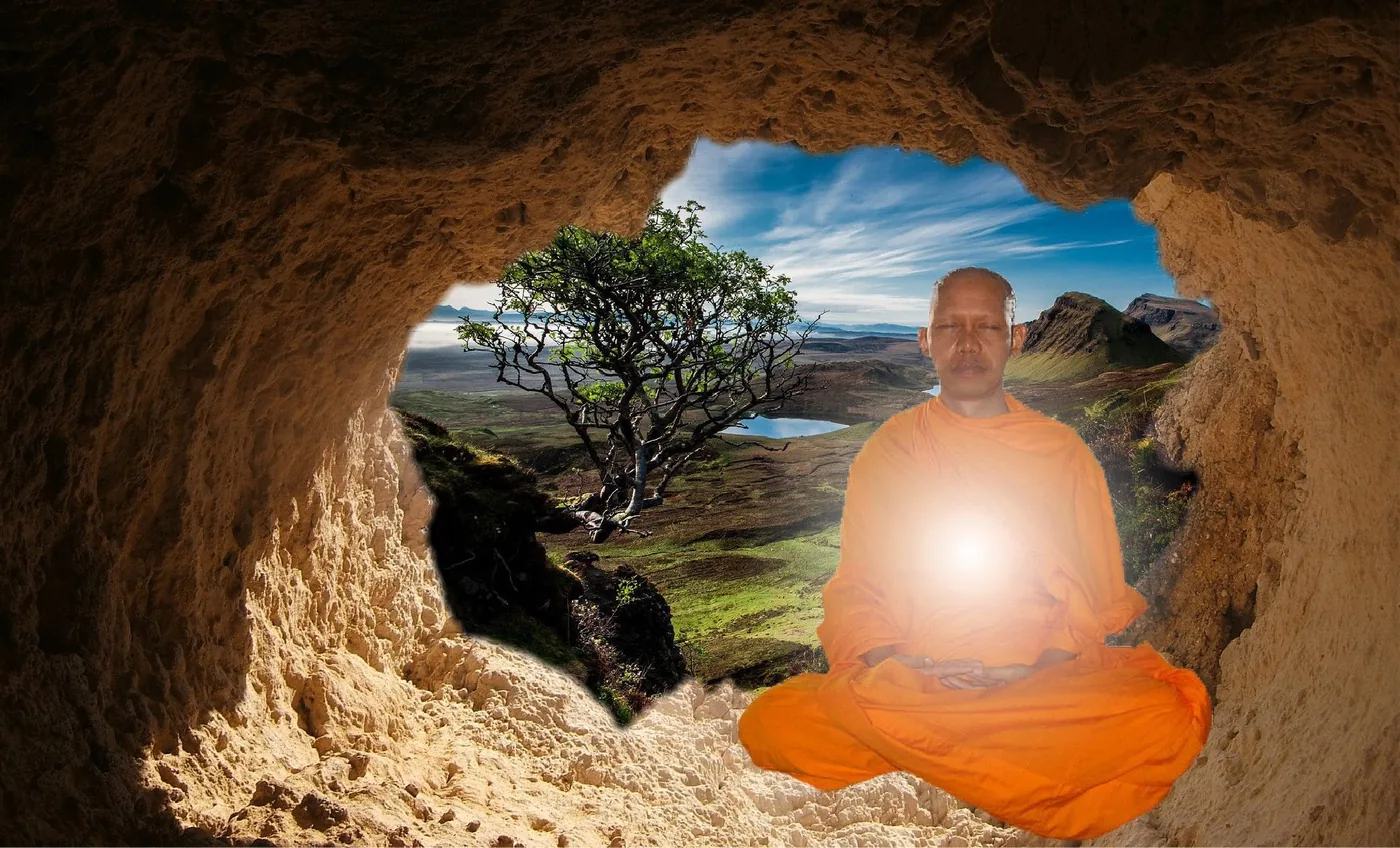 A monk in orange robes meditates in a cave opening, glowing, with a tree and green mountains under a blue sky.