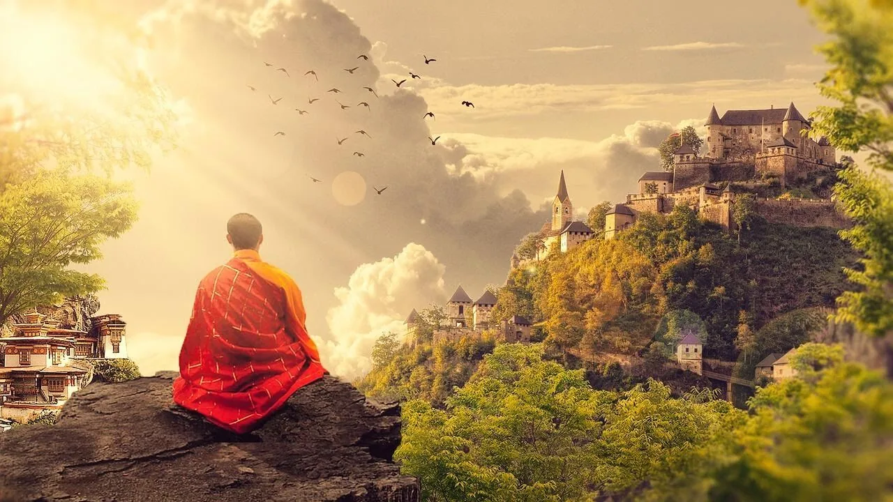 Monk in a red robe sits on a rock at sunrise, overlooking a hillside village and castle with birds in a golden sky.