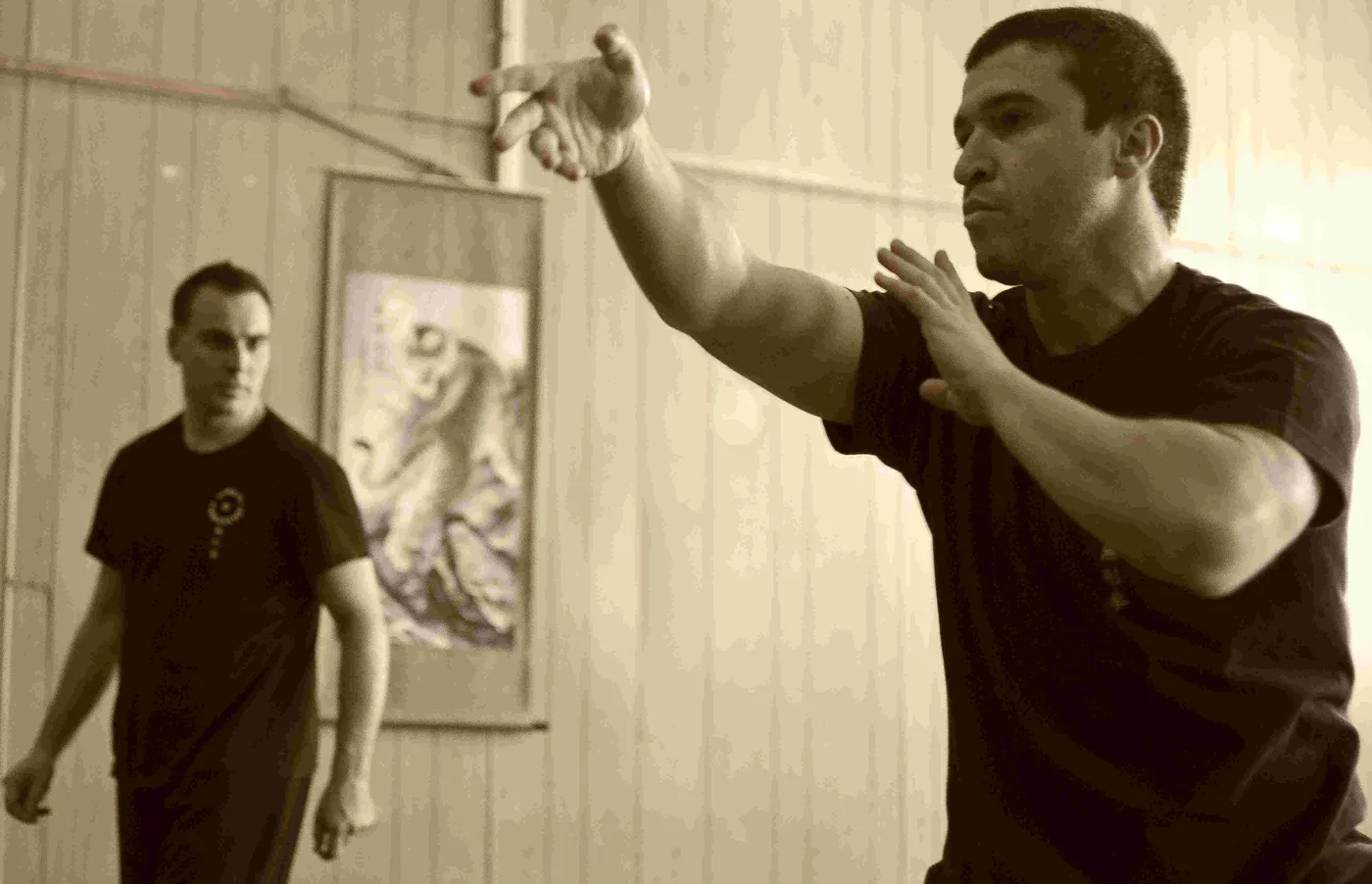A Master and his Student practice martial arts indoors; The Student demonstrates Pentagenics movements while the Instructor watches and corrects the exercises